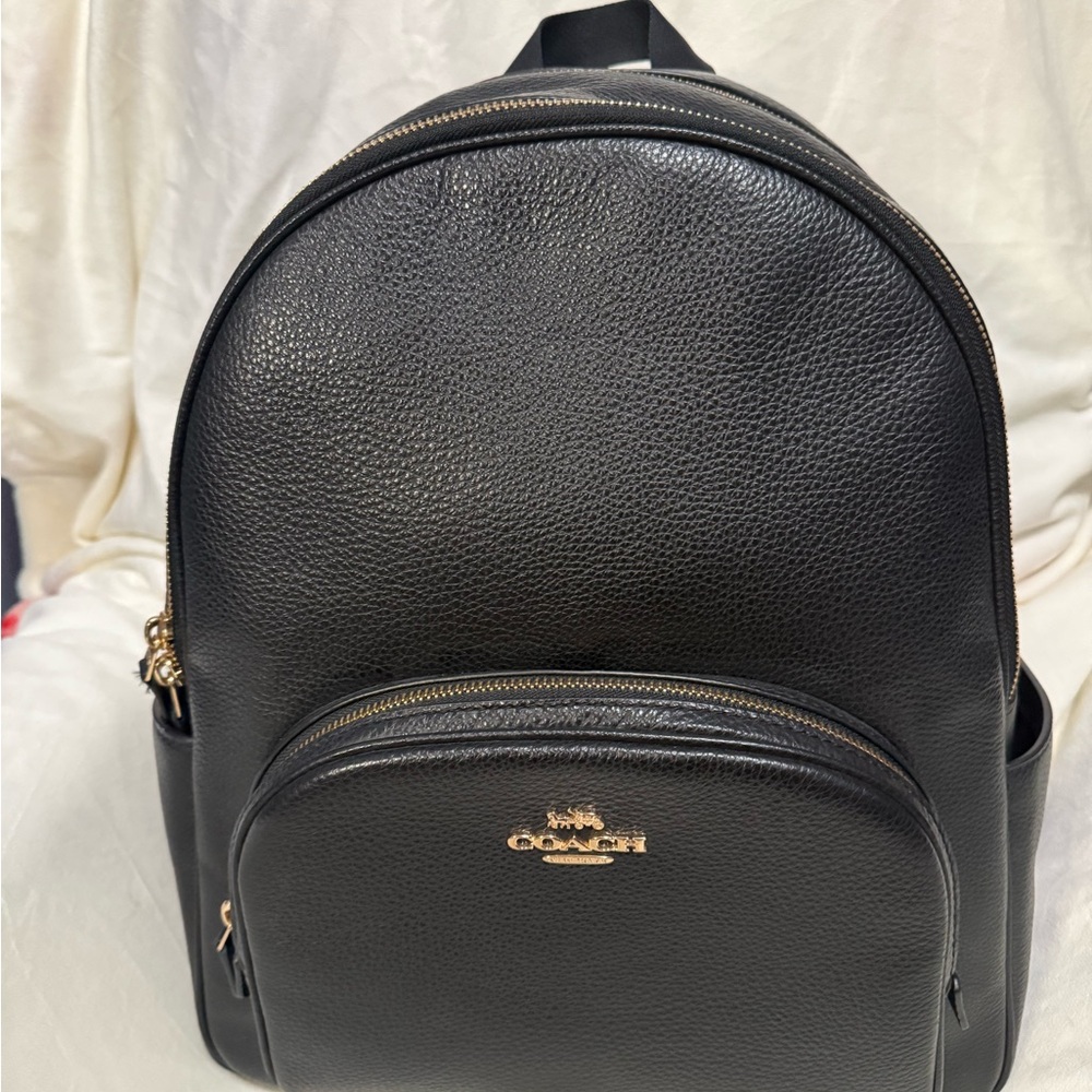 Coach Court Black Large  Leather Backpack with Gold Accents